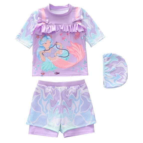 Tiijoy Toddler Girls Swimsuit Cartoon Short Sleeve Rash Guard Shorts with Swim Cap, 3-Piece, Sizes 3-14