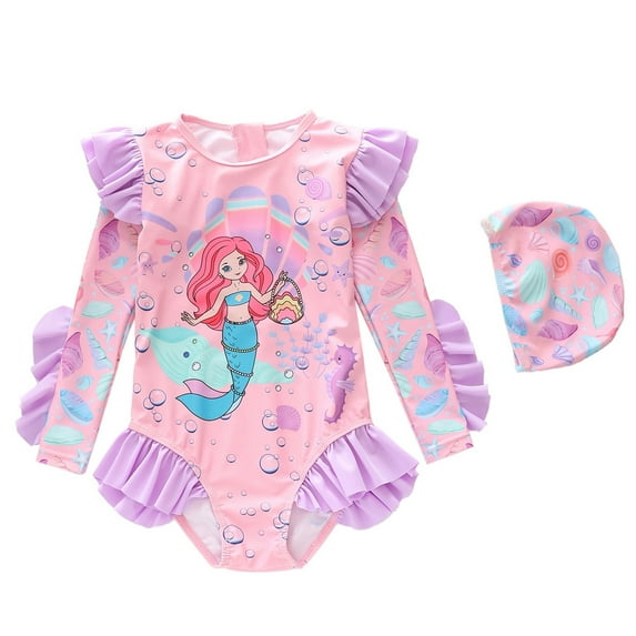 Tiijoy Toddler Girls Swimsuit UPF 50+ Cartoon Ruffle Long Sleeve Rash Guard Bathing Suit with Swim Cap, Sizes 3-14