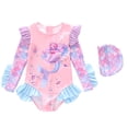 thumbnail image 1 of Tiijoy Toddler Girls Swimsuit UPF 50+ Cartoon Ruffle Long Sleeve Rash Guard Bathing Suit with Swim Cap, Sizes 3-14, 1 of 3