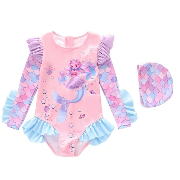 Tiijoy Toddler Girls Swimsuit UPF 50+ Cartoon Ruffle Long Sleeve Rash Guard Bathing Suit with Swim Cap, Sizes 3-14