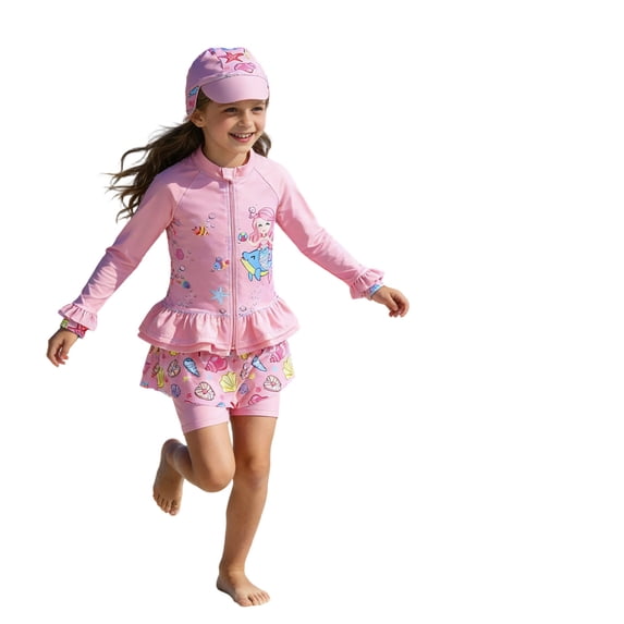 Tiijoy Toddler Girls UPF 50+ 2-Piece Swimsuit Long Sleeve Rash Guard Skort Sun Hat Bathing Suit, Sizes 3-12
