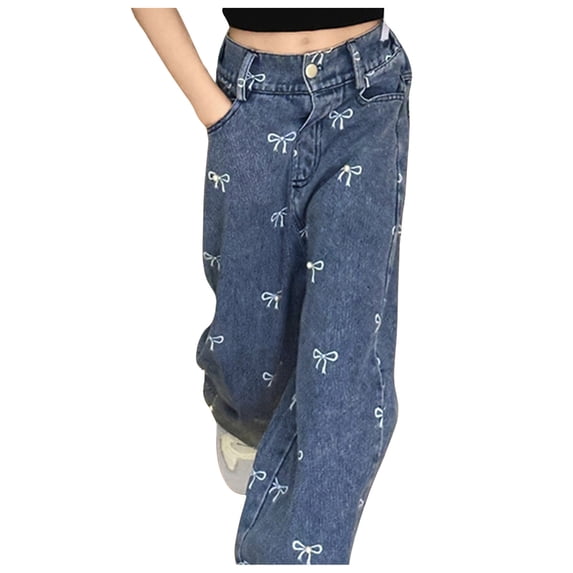 Tiijoy Toddler Girls Wide Leg Straight Jeans Bow Pattern Fashion Mid Rise Loose Demin Pants