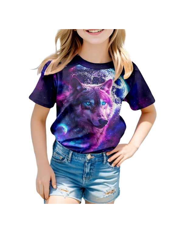 Toddler Girls Wolf Graphic Tee Casual Short Sleeve Crew Neck T-Shirt Top, Blue
