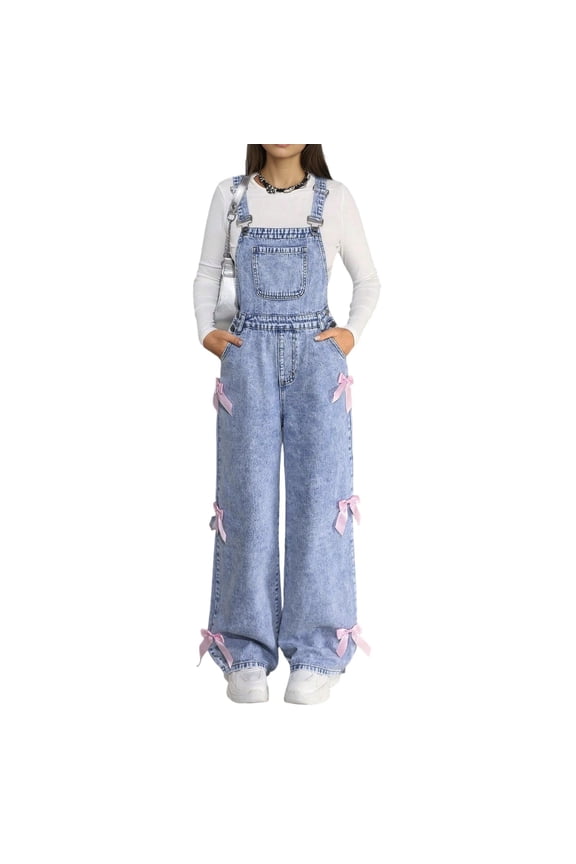 Tween Girls Bow Denim Overalls Loose Straight Leg Dungarees Jumpsuit, Sizes 12-13