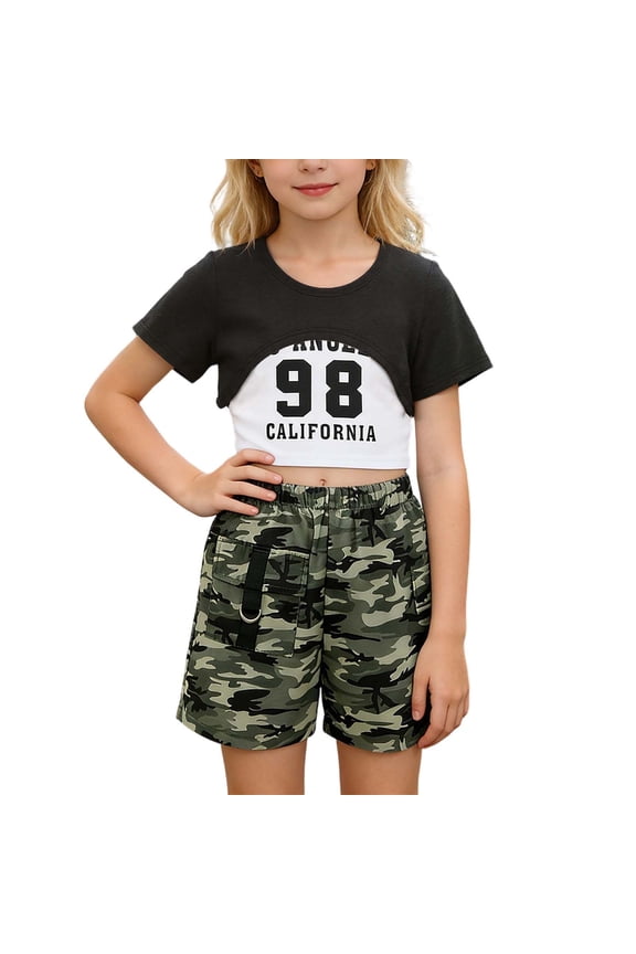 Tween Girls Outfits Short Sleeve Crop Top Camisole Camo Cargo Shorts 3Pcs Set, Sizes 11-12