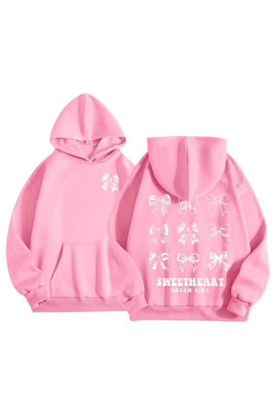 Tween Girls Preppy Hoodie Cute Bow Print Pullover Hooded Sweatshirt, Sizes 12-13