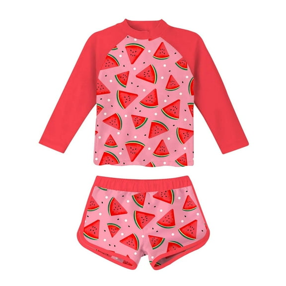 Tiijoy Two Piece Swimsuit for Girls Watermelon Print Long Sleeve Rash Guard Shorts Swimming Suit, Sizes 10-11
