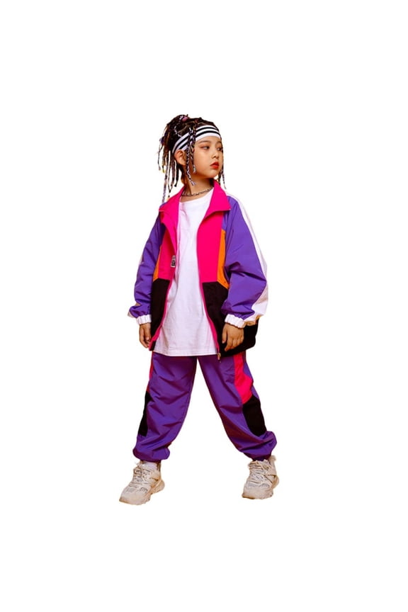 Unisex Kids Tracksuit Outfit Hop Dance Color Block Jacket Sweatpants Streetwear