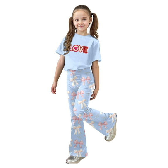 Tiijoy Valentine's Day Girls 2-Piece Short Sleeve T Shirt Flared Pants Outfits, Sizes 11-12