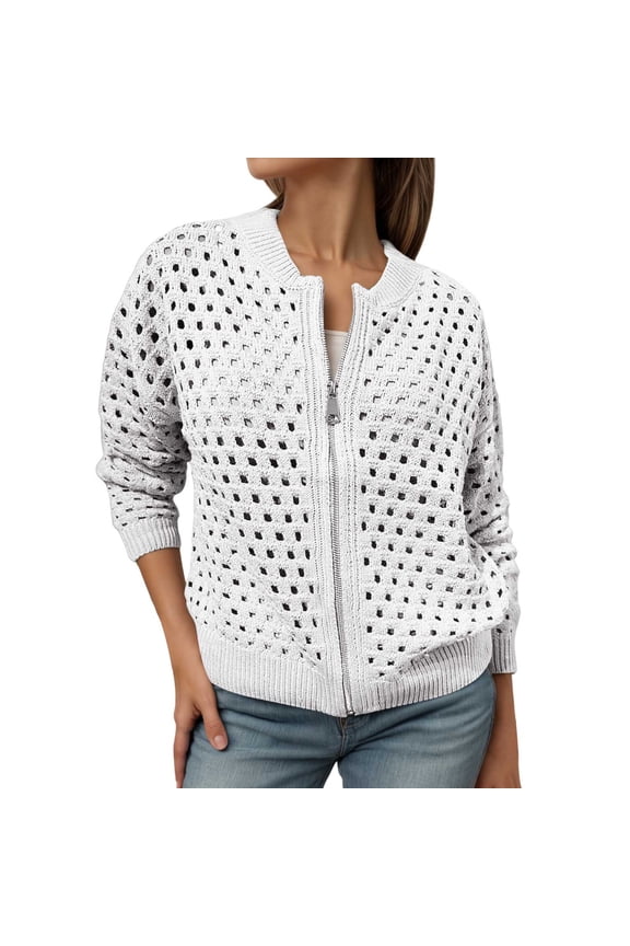 Women's Hollow Out Knitted Jacket Fashion Zip Up Casual Coat Outerwear Sweater