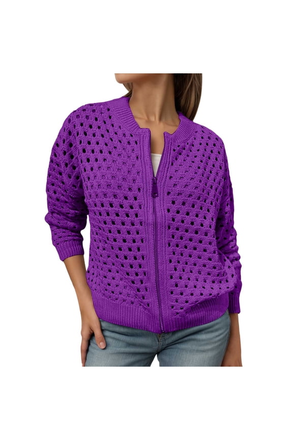 Women's Hollow Out Knitted Jacket Fashion Zip Up Casual Coat Outerwear Sweater