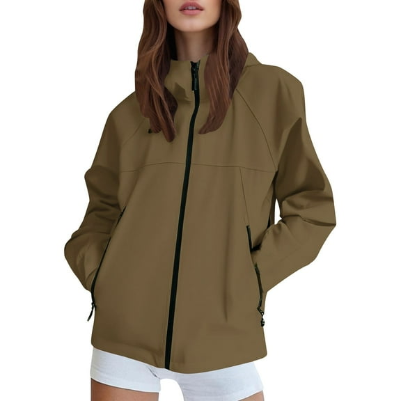 Tiijoy Women's Hooded Windbreaker Jacket Full-Zip Solid Casual Relaxed Fit Jacket Outerwear