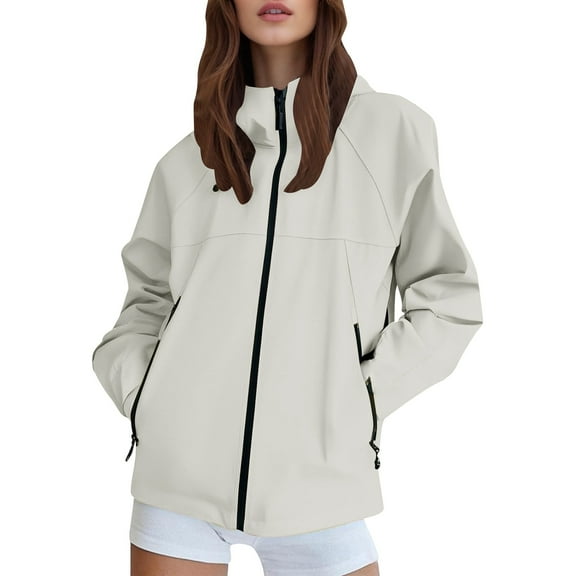 Tiijoy Women's Hooded Windbreaker Jacket Full-Zip Solid Casual Relaxed Fit Jacket Outerwear