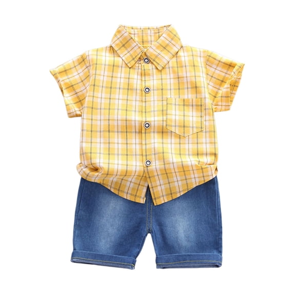 Tiijoy baby Boy Summer Outfits Short Sleeve Button Shirt Denim Shorts Set, Sizes 12M-4T