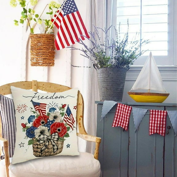 Tiitstoy American Flag Pillow Covers, 18x18 Inch Cotton Linen, for Sofa & Memorial Day Decor