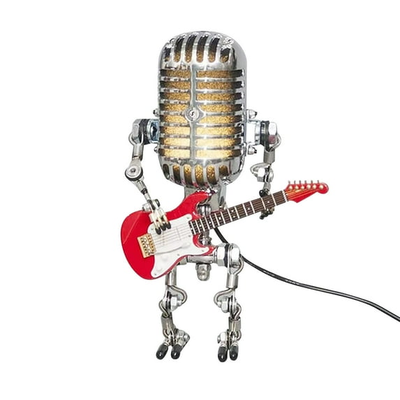 Tiitstoy Microphone Robot Touch Desk Lamp,Handmade Vintage Microphone Guitar Robot Table Lamp LED Bulbs Wall Lamp Home Desktop Decoration for Bedrooms,Bar, Restaurant Red