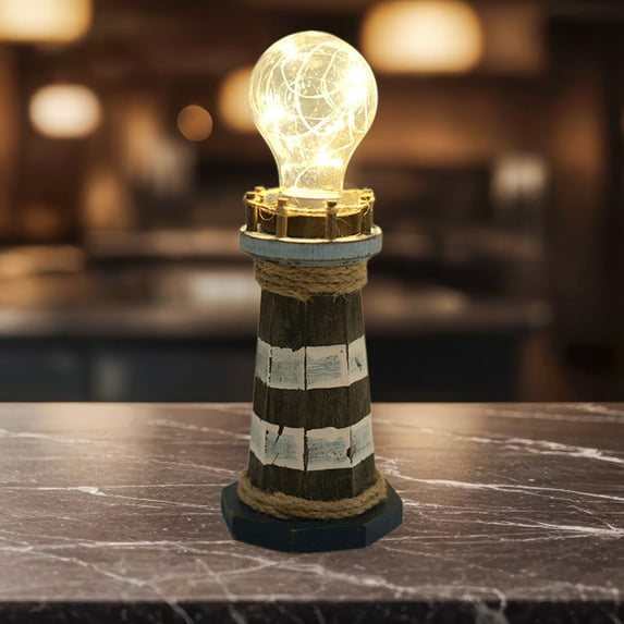 Tiitstoy Retro Style LED Lighthouse Tabletop Light Nautical Decor with Warm Light for Coastal Home and Beachy Themed Rooms Vintage Lighthouse Ornament, Wooden, Battery-Powered