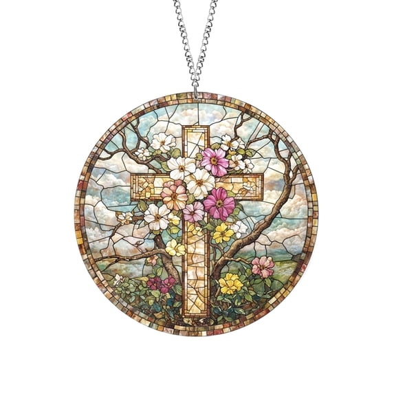 Tiitstoy Stained Glass Window Hanging, Stained Glass Suncatcher, Christ Bible Flowers Window Hanging, Colorfast Decor for Home & Gift
