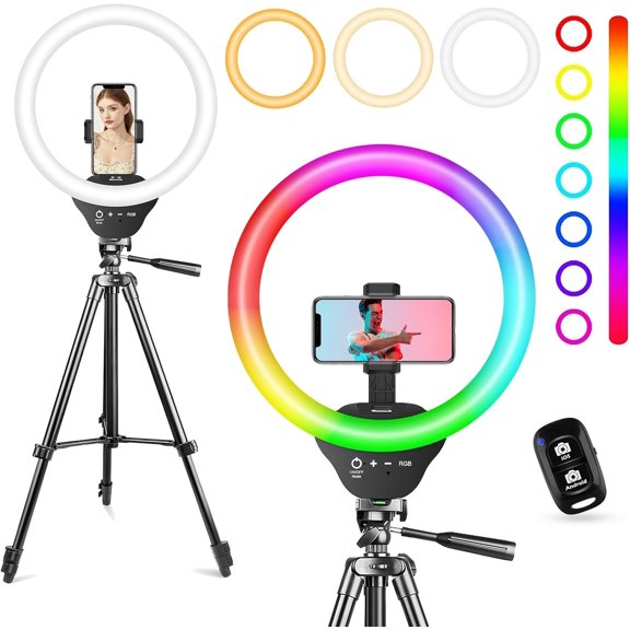 For TikTok, Zoom & Video Recording – 50" Phone Tripod with Ring Light Stand, LED Ring Light (Remote Included), 3 Color Modes & 10 Brightness Levels, for iPhone & Android