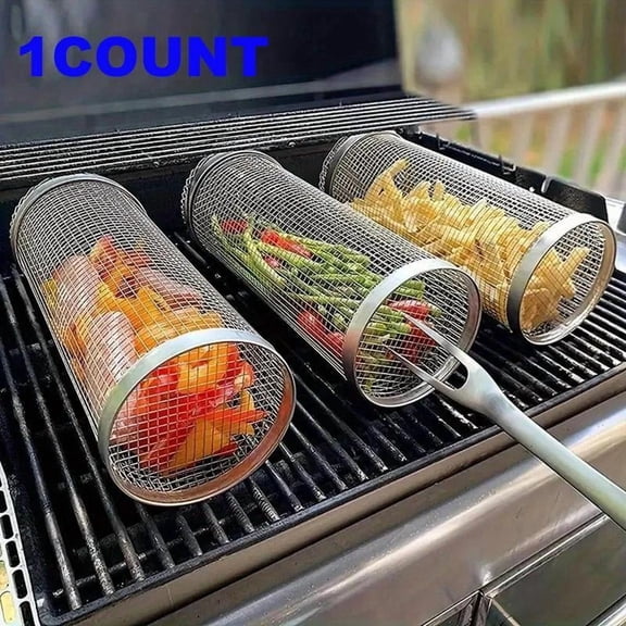 TikTokShopBlackFriday Free Shipping Stainless Steel BBQ Cage, 1 Count BBQ Grill Cage with Hook, BBQ Travel Accessories Tool Gifts for Camping BBQ, Barbecue Utensils