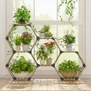 Tikea Plant Stand Indoor Outdoor Hexagonal Plant Stand for Multiple Plants Indoor Large Wooden Plant Shelf 7 Tiered Creative DIY Flowers Stand Rack for Living Room Balcony Patio Window