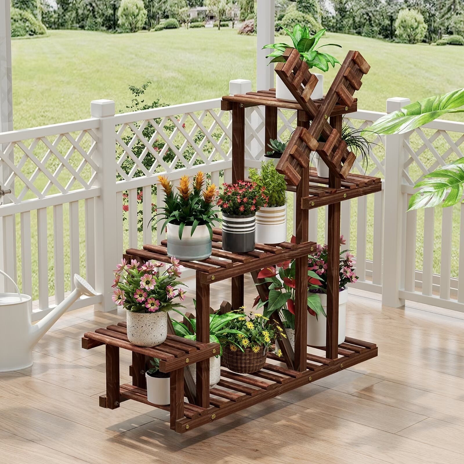 Tikea Indoor/Outdoor Plant Stand, Display Shelf for 7 Pots, Sturdy Rack ...