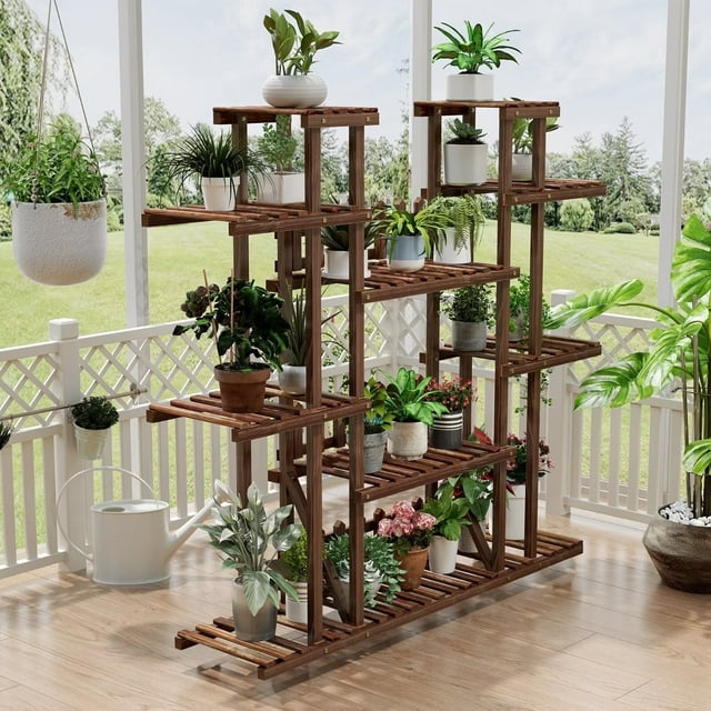 Tikea Large Wooden Plant Stand, Indoor/Outdoor Display Shelf for Multi