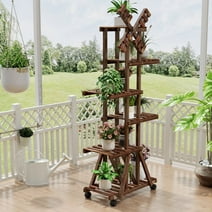 Tikea Plant Stand Indoor Outdoor, Large Wooden Display Shelf for Multi Potted Plants, Sturdy Flowers Stand Rack for Corner, Living Room, Patio, Balcony, Garden, and Office (Model E with Wheels)