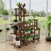 Tikea Plant Stand Indoor Outdoor, Large Wooden Display Shelf for Multi Potted Plants, Sturdy Flowers Stand Rack for Corner, Living Room, Patio, Balcony, Garden, and Office (Model D with Wheels)