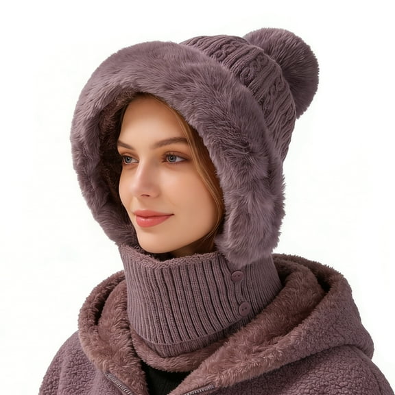 Tikeitoo 3 in 1 Beanie Hat with Scarf and Mask,Womens Knit Beanie Hat Fleece Lined Winter Scarf Mask Set Snow Caps