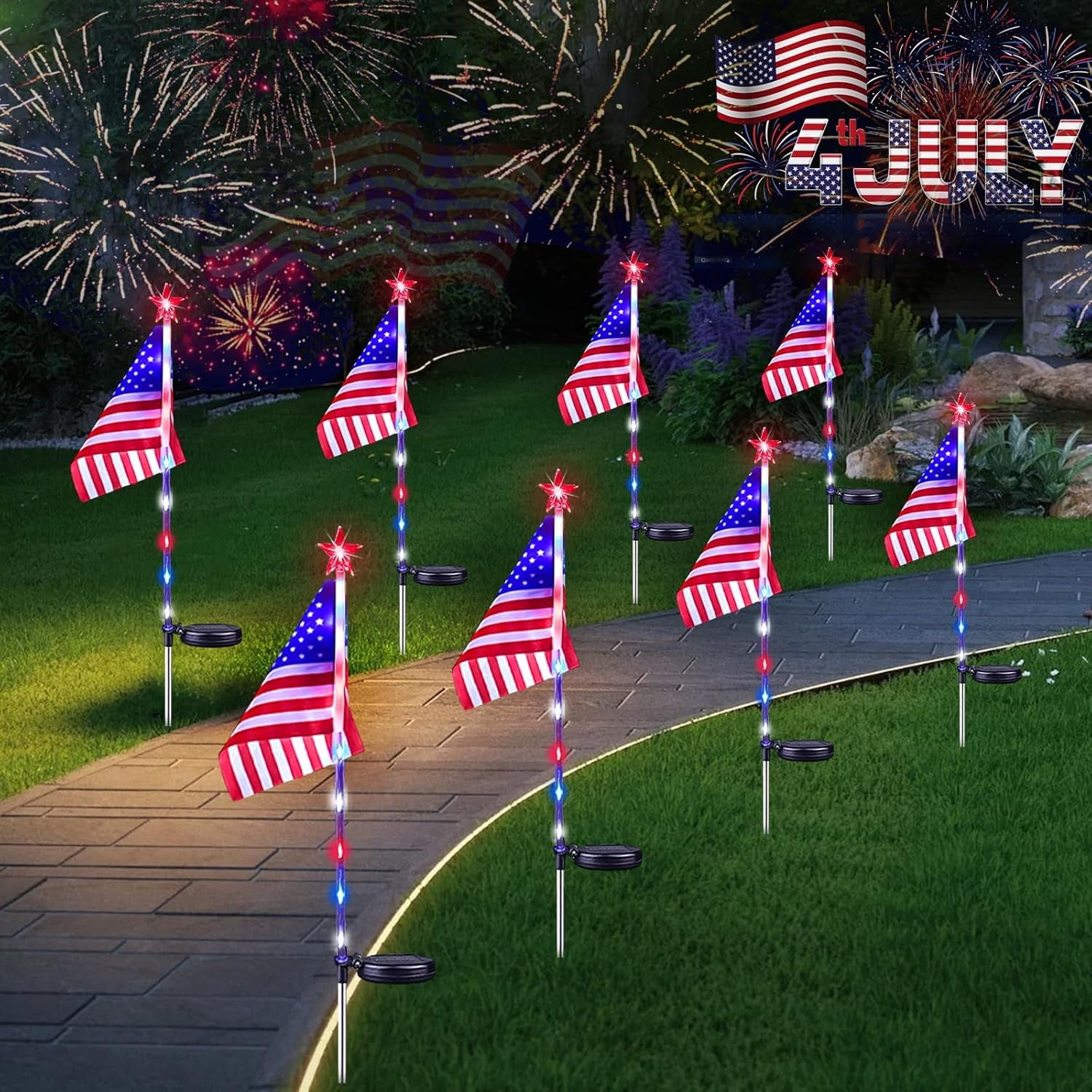 Tikeitoo 4th of July Decorations Outdoor American Flag Lights, 6-Pack Red White and Blue Solar Stars Lights with 6 USA Flags,Bright Patriotic Pathway Lights for Memorial Day Yard Lawn Decor