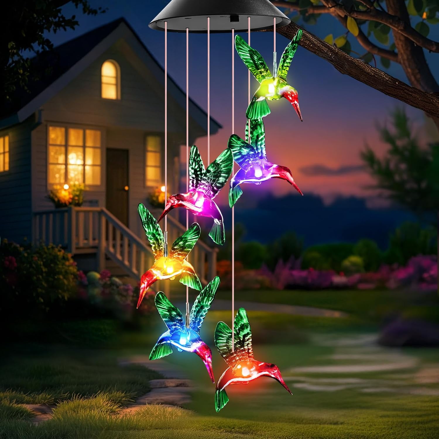 Tikeitoo Birthday Gifts for Women Mom Grandma, Solar Hummingbird Wind Chimes for Outside Garden, Solar Lights Outdoor Waterproof Mobile Decoration for Patio Yard