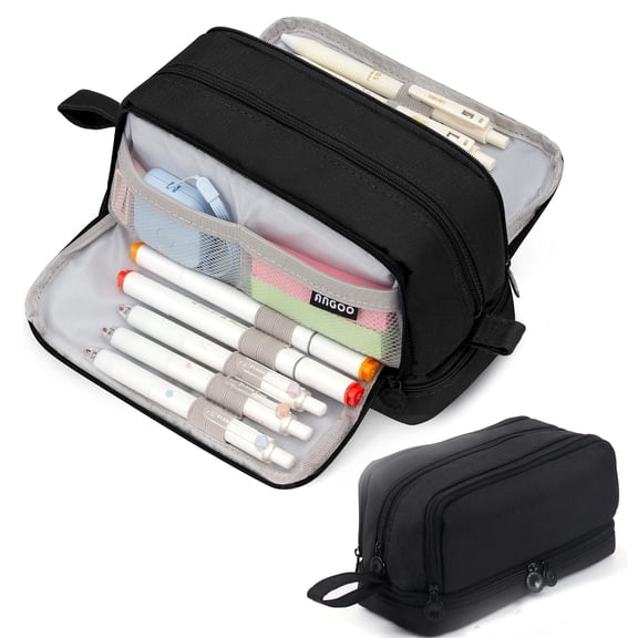 Tikeitoo Black Pencil Case Savings Large Capacity Pencil Bag 4 Compartments with Zipper Portable Handle, Pen Case Bag Stationery Organizer for Office College Sch0ol Adults Teen Gi+rls Bo+ys Men Women