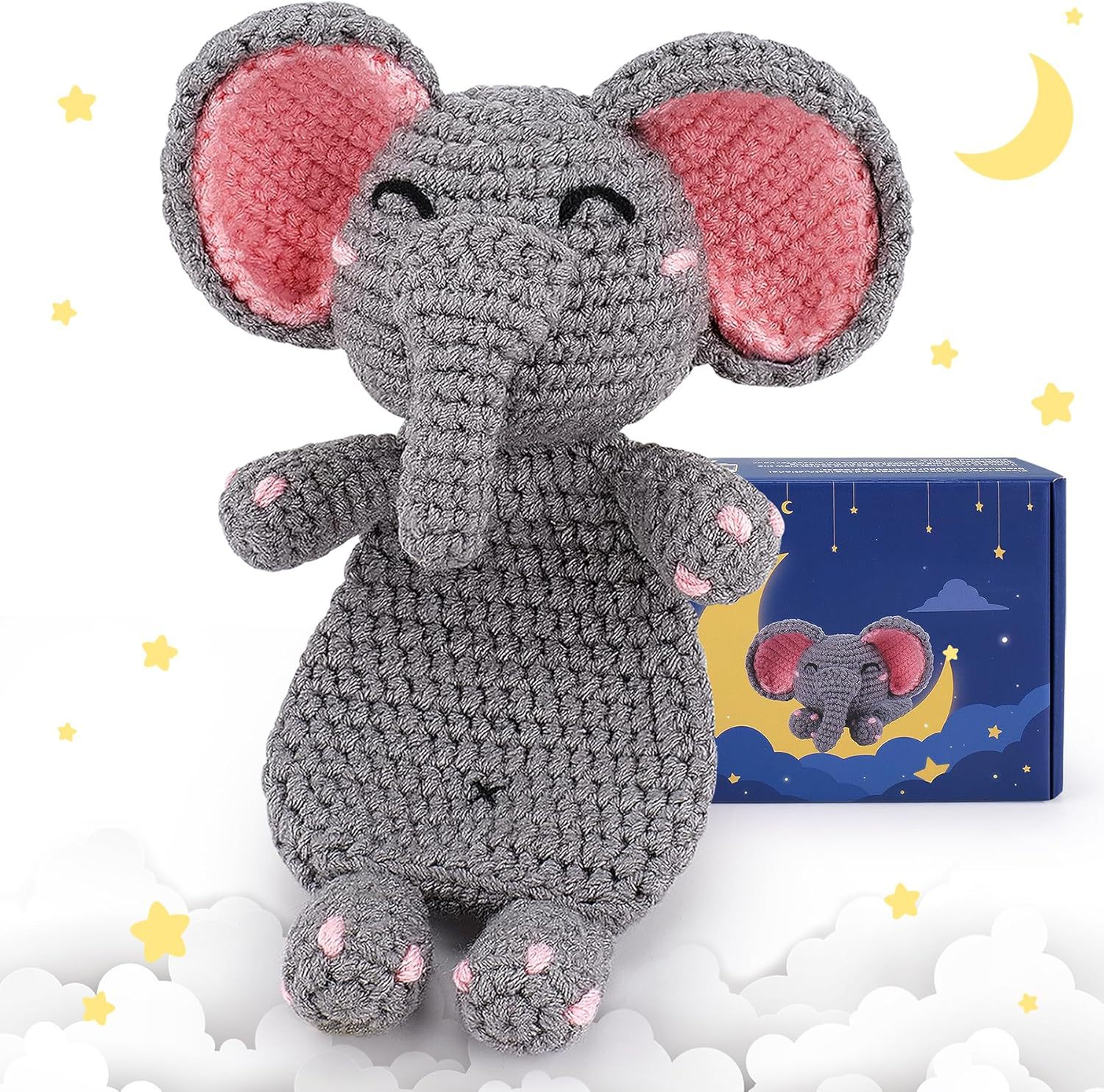 Tikeitoo Clearance Crochet Kits Elephant Crochet Kit with Step-by-Step Video Tutorials, Beginner Crochet Kit for Adults, Crochet Animal Kit for Kids, Goodnight Elephant Crocheting Set