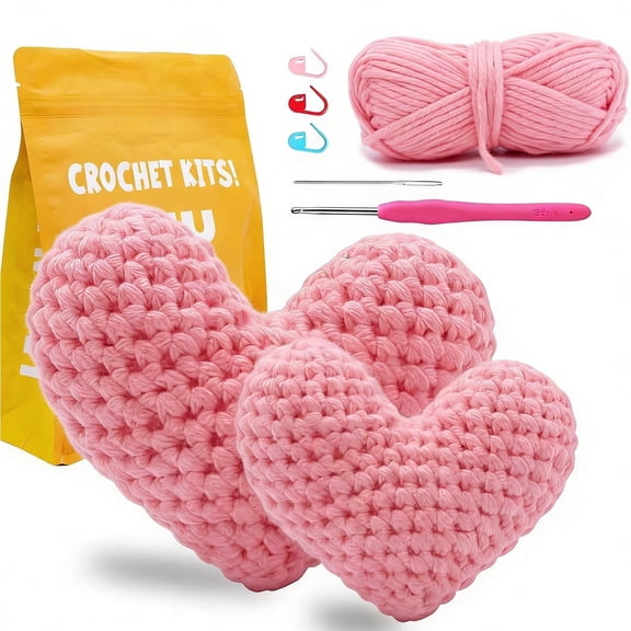 Tikeitoo Crochet Kit for Beginners,Kids and Adults,2PCS Heart Knitting Kit Include Videos Tutorials, Easy Yarn, Stuffing, Crochet Hook - Valentine Gift Ideal for Home Christmas Tree Party Decor