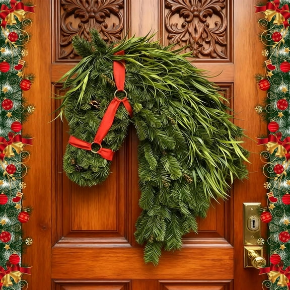 Tikeitoo Gifts Horse Heads Christmas Wreath with Red Bow – Rustic Farmhouse Equestrian Christmas Decor,Faux Greenery Holiday Wreath for Front Door, Porch, Barn, or Home