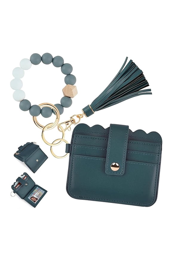 Gifts Under 10, Keychain Bracelet Wristlet with Wallet Card Holder Pocket, Flower Tassel Purse Silicone Key Ring for Women