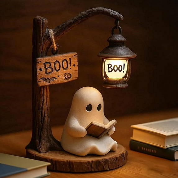 Tikeitoo Clearance Halloween Night Light, Halloween Decor Indoor Cute Ghost Reading Book Lamp House Mantel Decor for Home, Ghost Warm Lighted Indoor Figurine Lamps for Party Bedroom