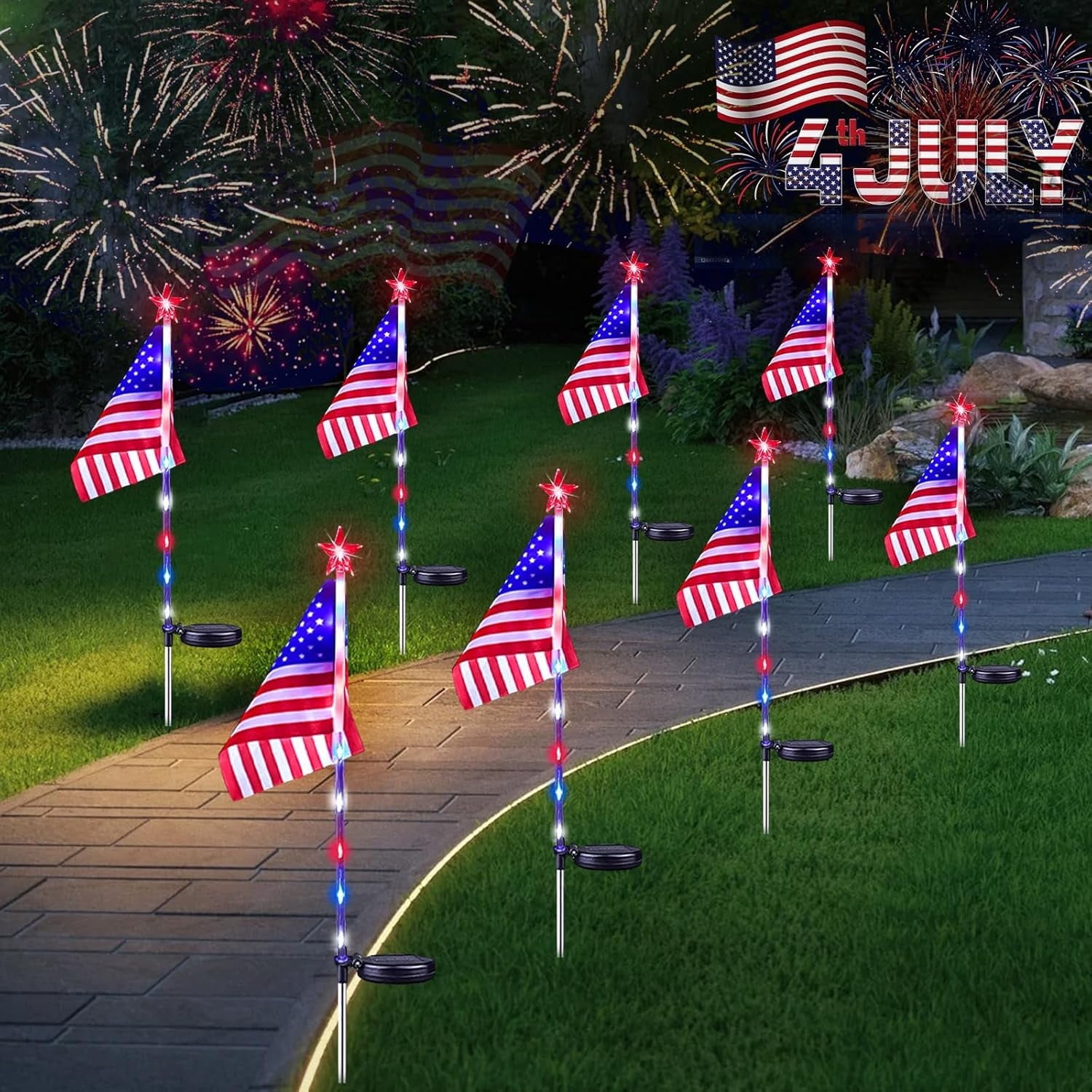 Tikeitoo Solar Flag Lights Pathway Stake Lights Red White Blue Waterproof LED Outdoor Yard Garden Decorations for 4th of July, Memorial Day
