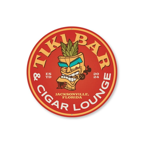 Tiki Bar Cigar Lounge Established Year Aluminum Metal Decor Sign - 12" Round