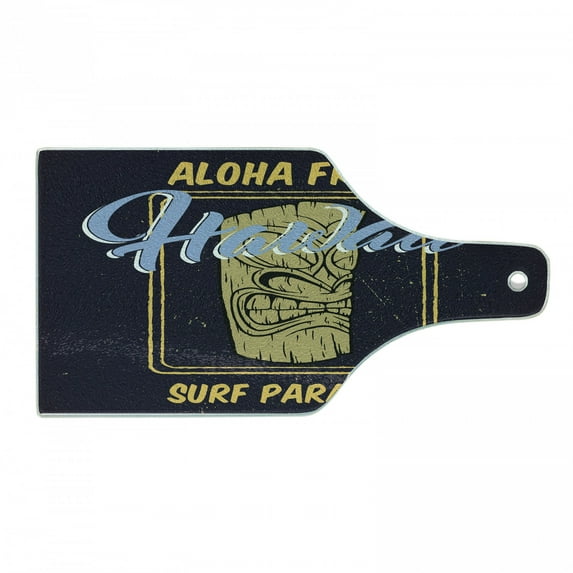 Tiki Bar Cutting Board, Aloha from Hawaii Surf Paradise Retro Style Tiki Vintage, Decorative Tempered Glass Cutting and Serving Board, Wine Bottle Shape, Indigo Apricot Pale Blue, by Ambesonne