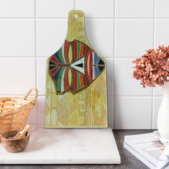 Tiki Bar Cutting Board, Colorful Vivid on Vintage Style Backdrop Geometric Prehistoric, Decorative Tempered Glass Cutting and Serving Board, Wine Bottle Shape, Multicolor, by Ambesonne