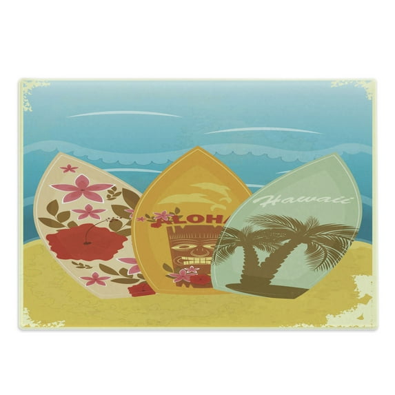 Tiki Bar Cutting Board, Hawaiian Beach Surfboards on the Sand Exotic Summer Vacation Sport Vintage Style, Decorative Tempered Glass Cutting and Serving Board, Large Size, Multicolor, by Ambesonne