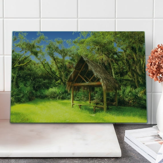 Tiki Bar Cutting Board, Tiki Hut in Dreamy Fantasy Forest Tropical Island Wildlife Greenery Art, Decorative Tempered Glass Cutting and Serving Board, Large Size, Green Blue Brown, by Ambesonne