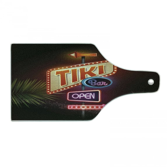 Tiki Bar Cutting Board, Old Fashioned Neon Signs Illustration of Open Bar Palm Tree Branches Roadside, Decorative Tempered Glass Cutting and Serving Board, Wine Bottle Shape, Multicolor, by Ambesonne