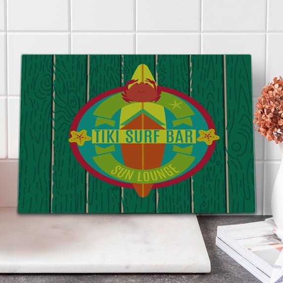 Tiki Bar Cutting Board, Tiki Surf Bar Sun Lounge Holiday Vacation Theme Surfboard Crab Starfishes Print, Decorative Tempered Glass Cutting and Serving Board, Large Size, Multicolor, by Ambesonne