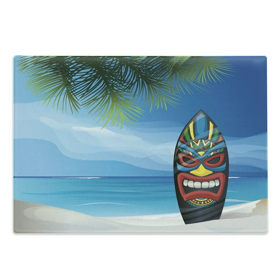 Tiki Bar Cutting Board, Tiki Warrior Design Surfboard on Ocean Beach Abstract Landscape Surf Print, Decorative Tempered Glass Cutting and Serving Board, Large Size, Multicolor, by Ambesonne