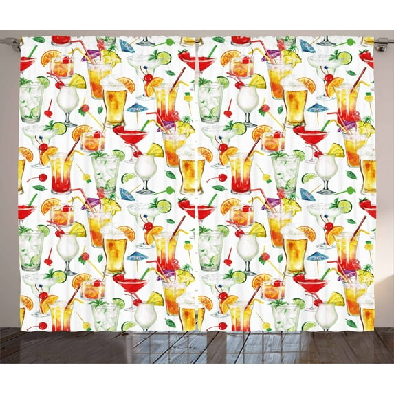Ambesonne Tiki Bar Curtains 2 Panel Set, Tropic Cocktails, 108" x 84", Multicolor