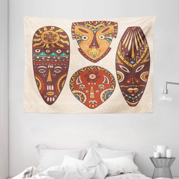 Tiki Bar Decor Tapestry, Decorative Mask Designs African Aborigine Art Patterns Cultural Ethnic Print, Wall Hanging for Bedroom Living Room Dorm Decor, 80W X 60L Inches, Multicolor, by Ambesonne