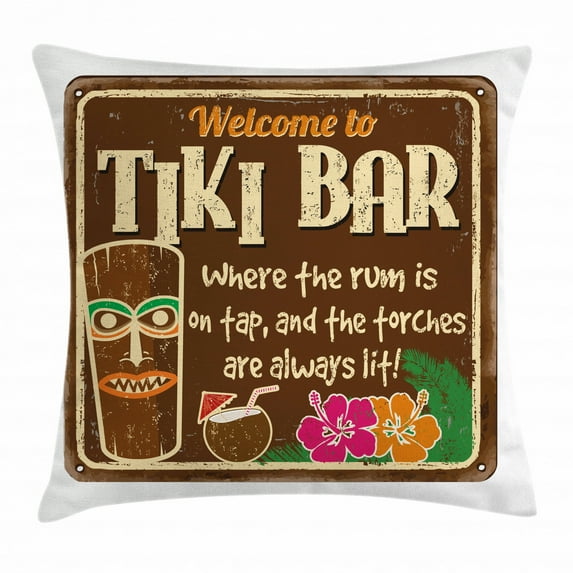 Tiki Bar Decor Throw Pillow Cushion Cover, Aged Old Frame Sign of Tiki Bar with Inspirational Quote Leisure Travel, Decorative Square Accent Pillow Case, 24 X 24 Inches, Multicolor, by Ambesonne